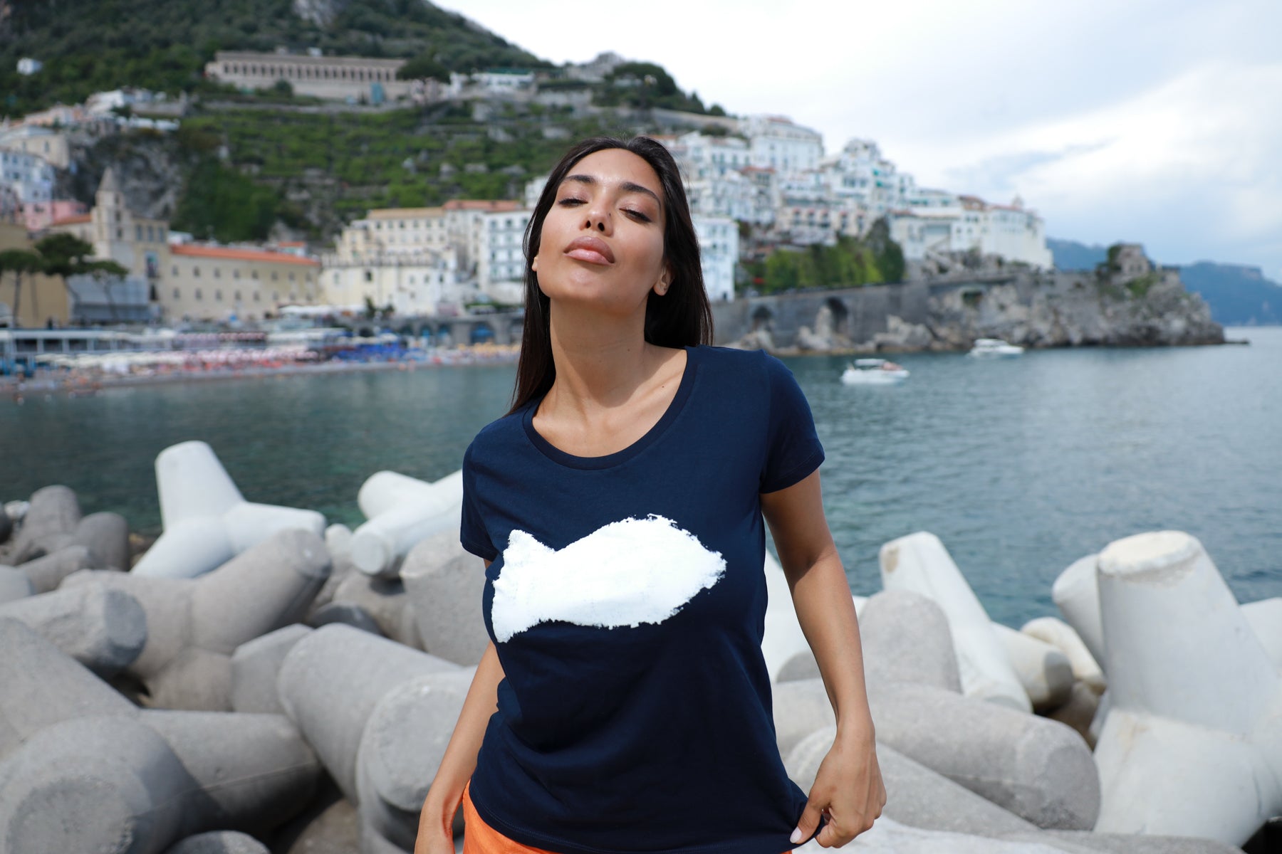 Amalfi woman t-shirt print "PESCIONE ", in organic cotton. - JP Amalfi
