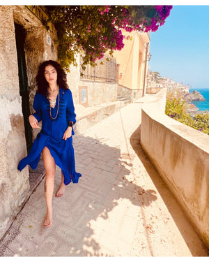 THE BLUE AMALFICOAST DRESS . linen long shirt one size_ caftano taglia unica in lino - JP Amalfi